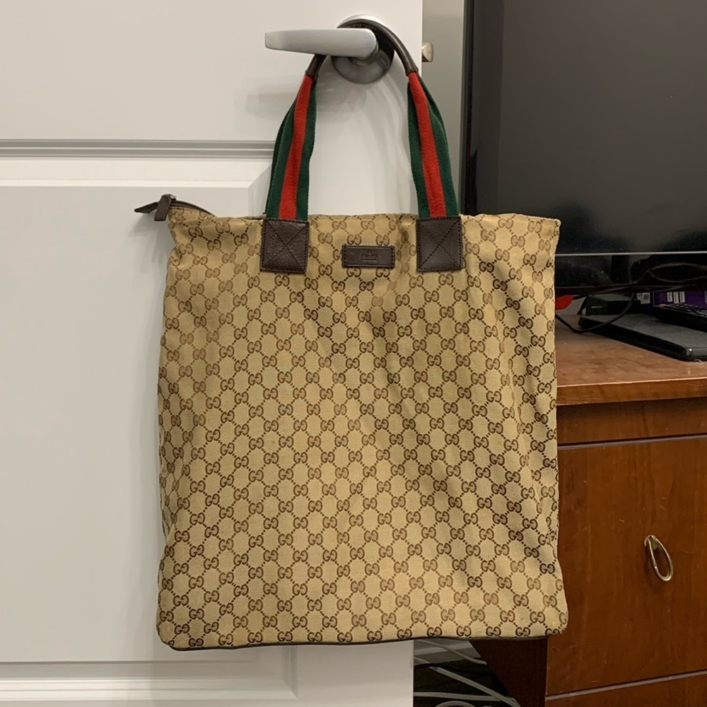 Authentic Gucci original GG web stripe tote handbag brown canvass